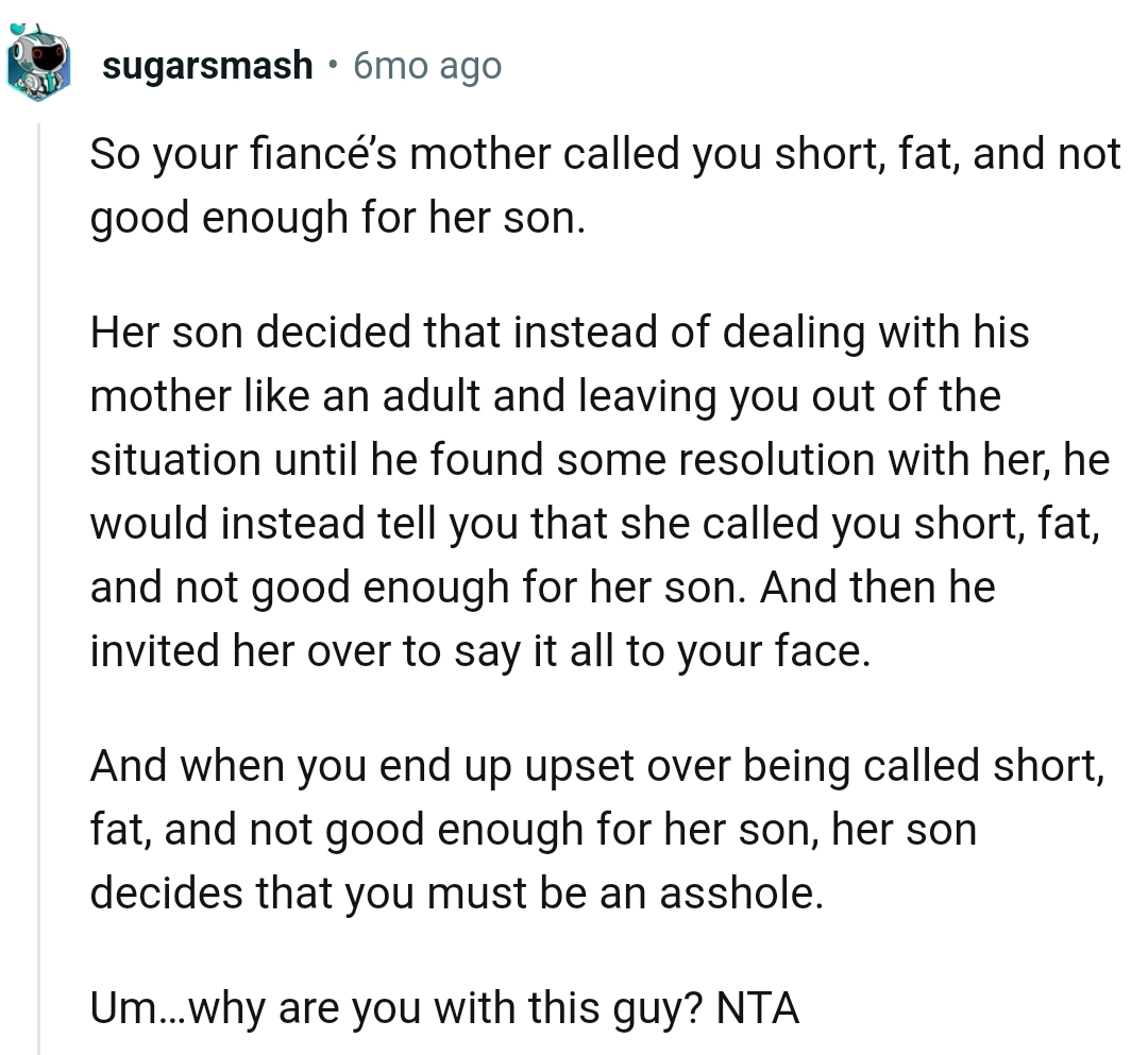 She Clearly Said the OP Wasn't Good Enough for Her Son