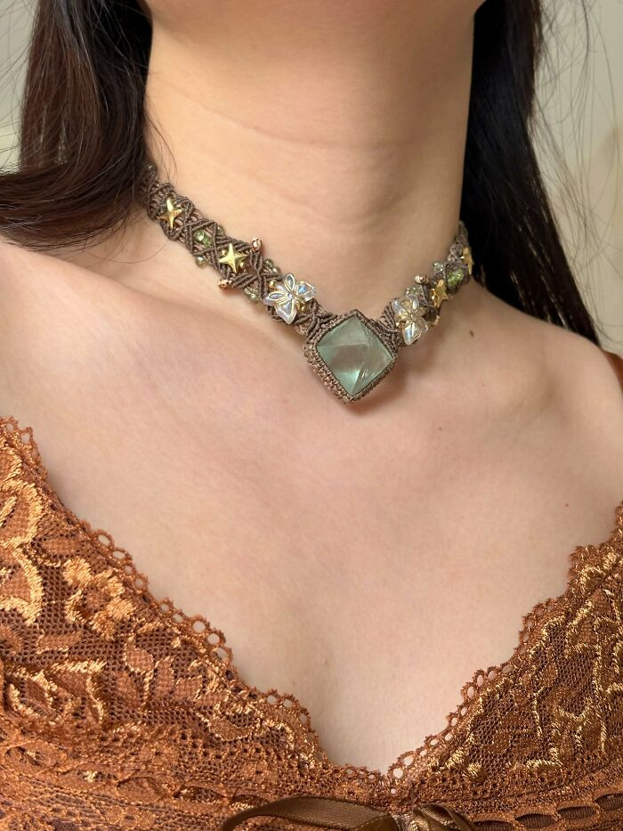 "I Made A Vine Witch Necklace Using Fluorite, Peridot, And Woven Cord"