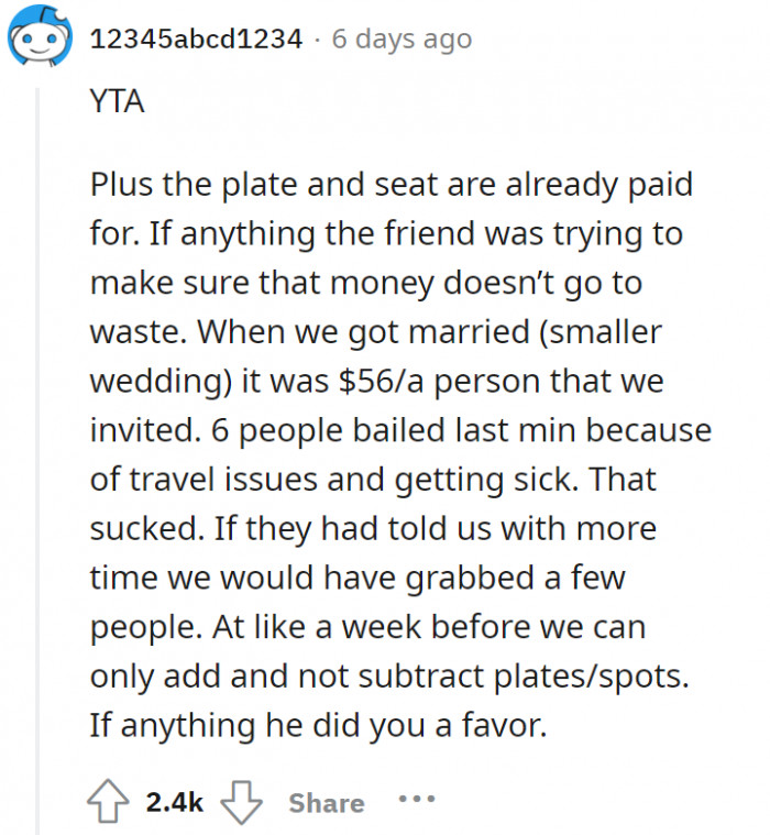 The friend making sure to bring a plus one is him trying not to let the paid spot go to waste. Like he said, he already RSVP-ed for two.