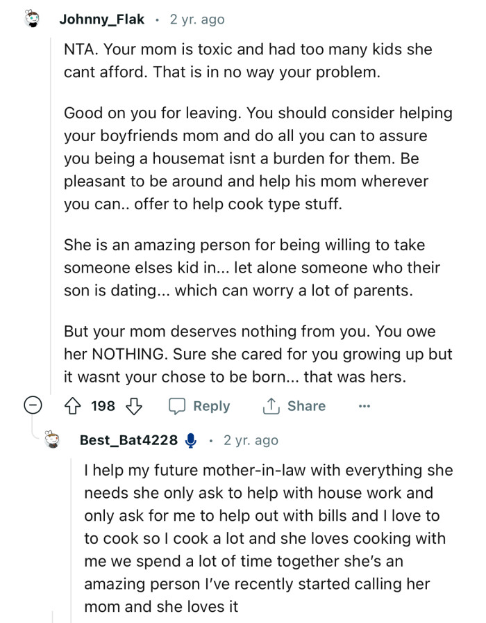 “Your mom is toxic and had too many kids she can't afford. That is in no way your problem.”