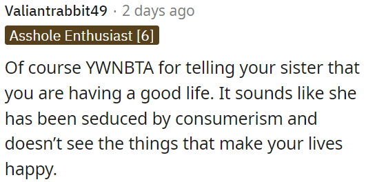 OP wouldn't be in the wrong for sharing that she is content with her life.