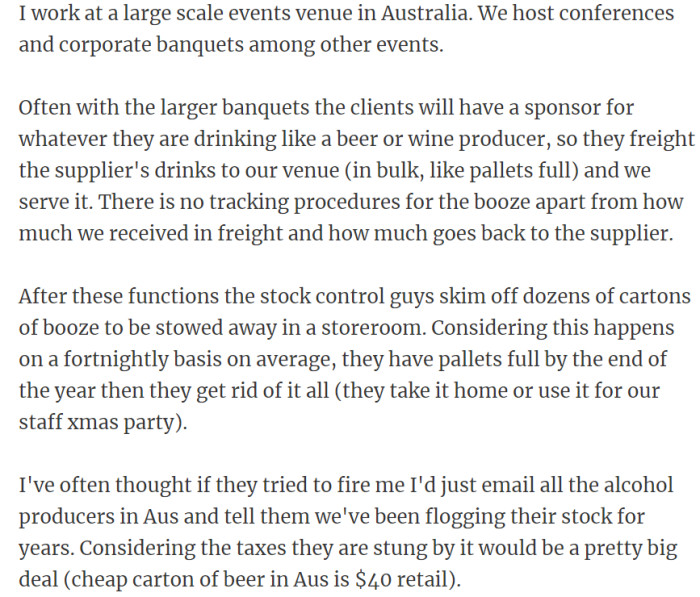38. Events venue steals beer and wine from suppliers