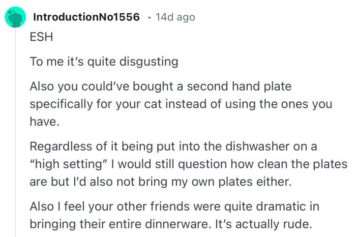 “ESH. To me it’s quite disgusting. Also I feel your other friends were quite dramatic in bringing their entire dinnerware.”