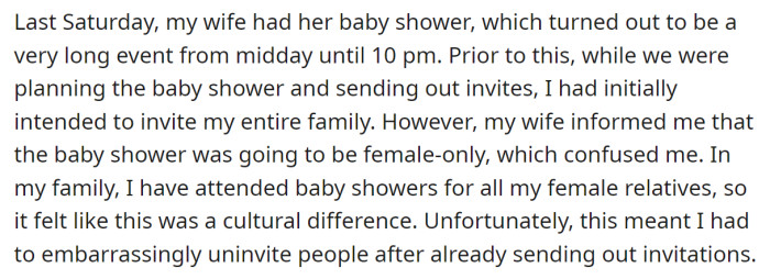 The OP explained that he thought the baby shower was going to be for everyone, but his wife informed him it was only for females: