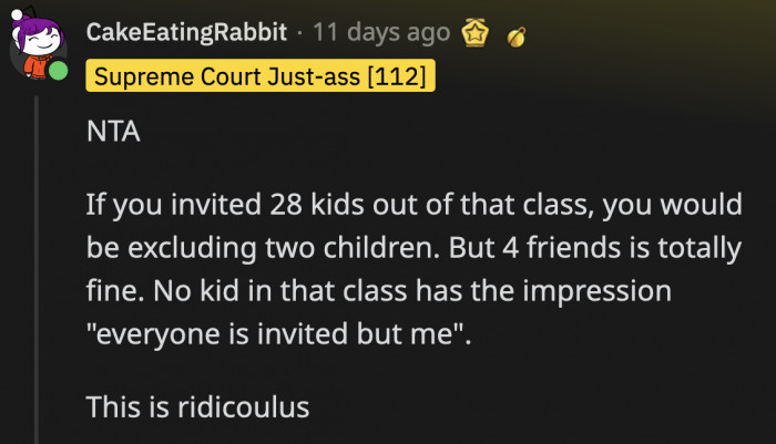 The teacher is way out of bounds for telling OP that she's bullying the other kids by not inviting them.