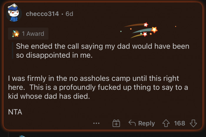 She shouldn't have said that to a kid whose dad has died.