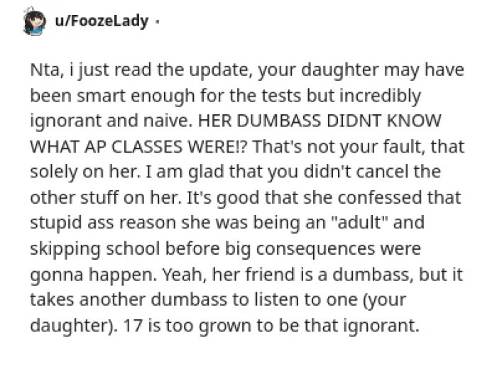 Parenting style is criticized for setting low expectations for the daughter's future