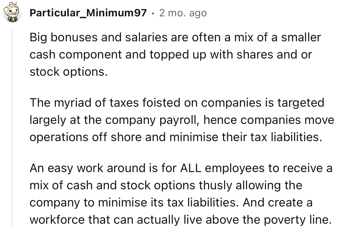 “An easy workaround is for ALL employees to receive a mix of cash and stock options, thus allowing the company to minimize its tax liabilities.”