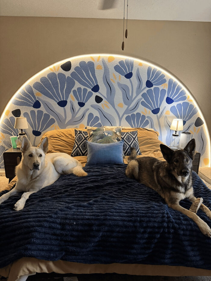 "Painted A Mural On My Bedroom Wall Yesterday And It's My New Favorite Room In The House!! All Sherwin Williams Paint, Flexible Molding And LEDs From Amazon!"