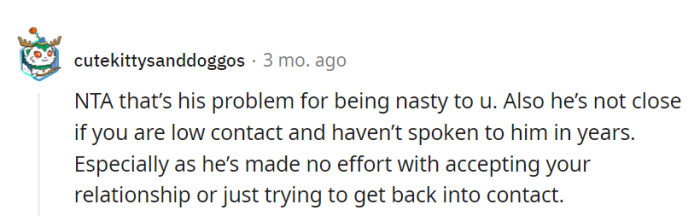 If he's made no effort to be a part of her life, she's under no obligation to make him part of her special day.