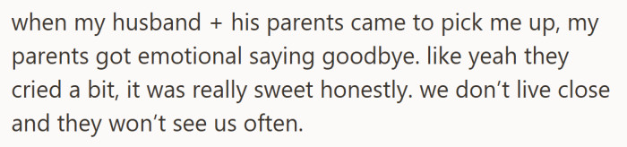 A tender moment between parents and daughter turned bittersweet, knowing visits would be rare.