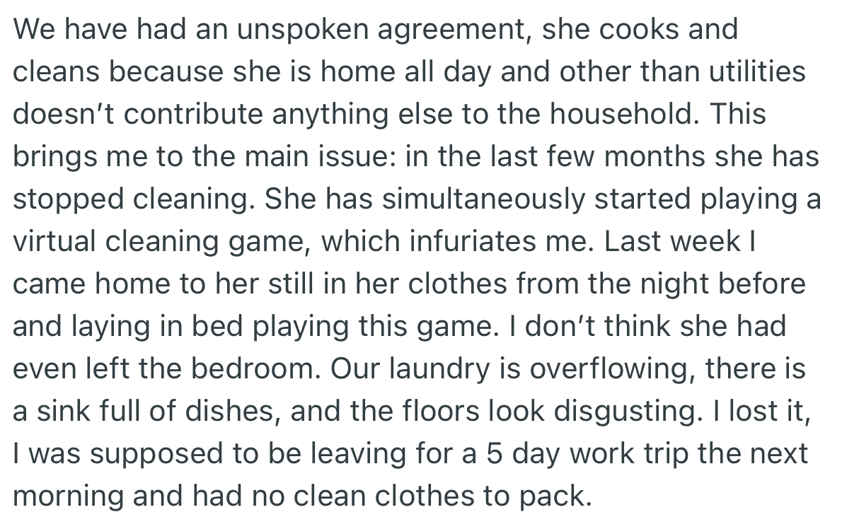 Being Home, She Is to Keep the House Clean. However, OP’s Girlfriend Began Playing a Virtual Game and Would Not Do Chores.