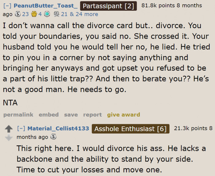 A lot of people agree that she should divorce her husband because she will never be his priority.