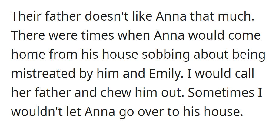 Anna faces mistreatment from her father and Emily, prompting the mother to intervene and occasionally restrict Anna's visits.