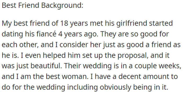 OP's best friend is getting married soon, and she has been chosen as the best woman, which comes with various wedding-related duties and responsibilities.