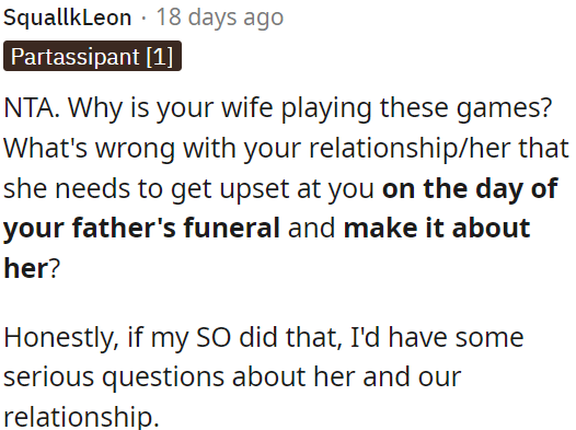 OP's wife's behavior on the day of his father's funeral is concerning and raises questions about their relationship.
