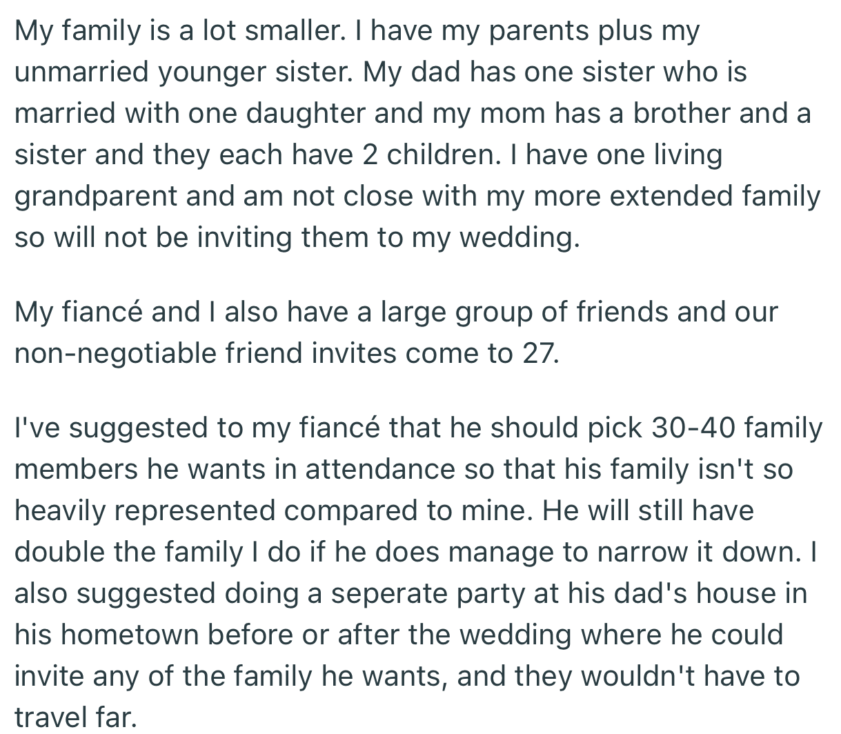 OP’s family is much smaller, and she’s eager to find a balance where both families are fairly represented while still keeping the guest count below 100