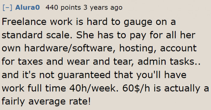 A user believes that $60 is fair since she's a freelancer.
