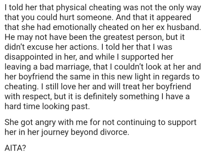 The OP said she couldn’t look at her and her boyfriend the same in this new light in regards to cheating