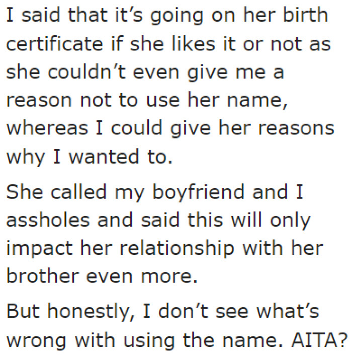 The OP won't relent. Since the name is special to her, she's determined to register it as her baby girl's name.