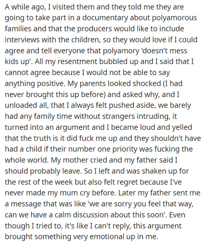 Years later, with the built-up trauma, OP was asked by his parents to feature in a documentary. The conversation didn’t end well, it seems.