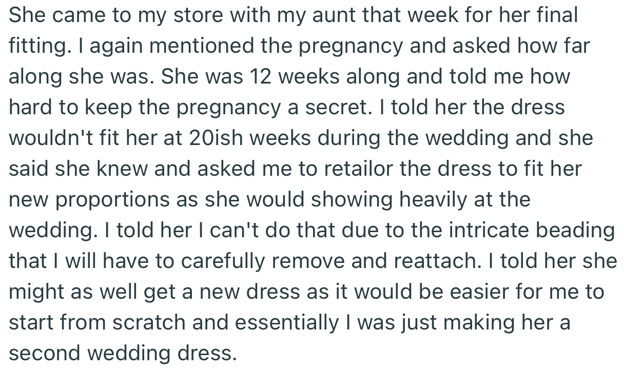 OP advised her cousin to get a new dress, as the first one wouldn’t fit anymore due to the pregnancy