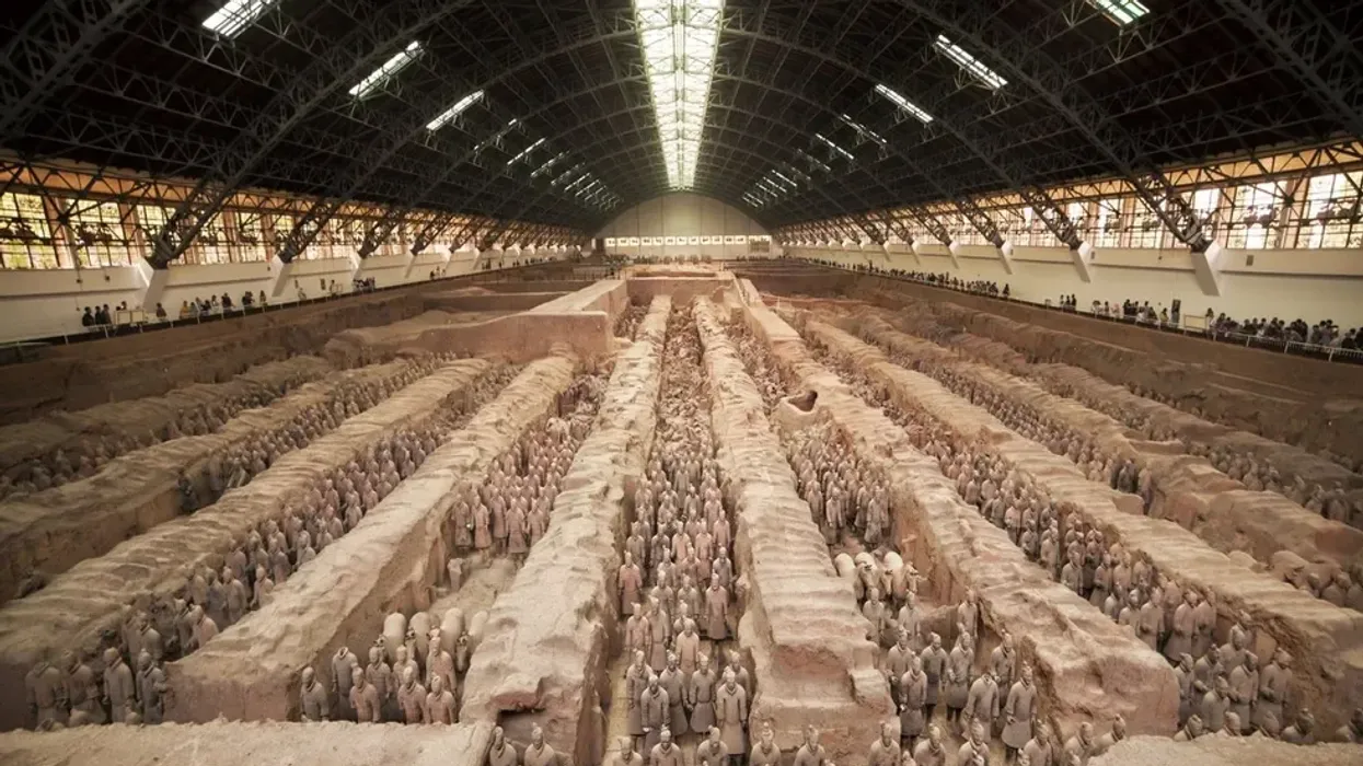 Qin Shi Huang's tomb is safeguarded by an awe-inspiring terracotta army of soldiers and horses.