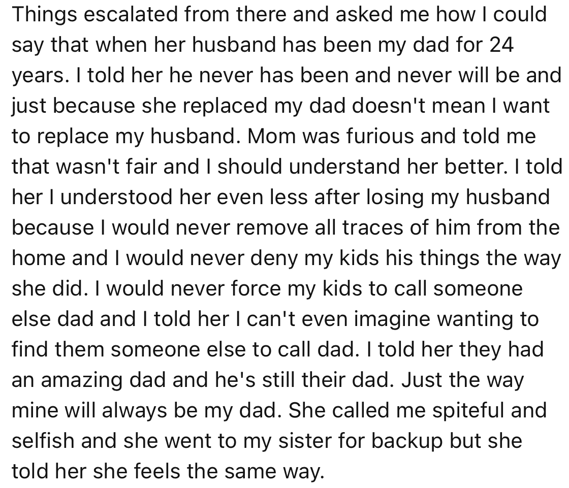 OP made it clear that her stepdad could never replace her dad, regardless of the fact that he has been in their lives for 24 years