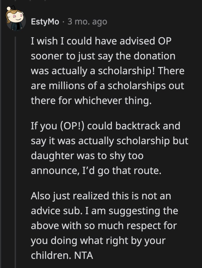 Is it too late for OP to tell her family that the money was from a scholarship her daughter qualified for?