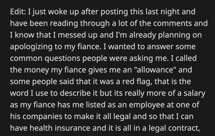 OP added an update the following day and clarified the $5,000 allowance arrangement she has with her fiancé's company