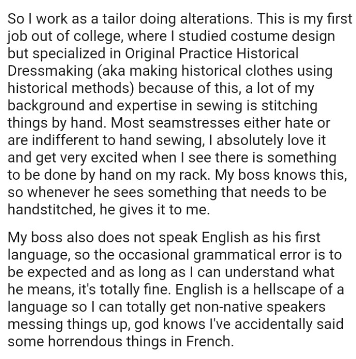 Most seamstresses either hate or are indifferent to hand sewing, but the OP absolutely loves it