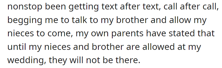 Blocked brother. Parents won't attend unless nieces and brother are included in the wedding.