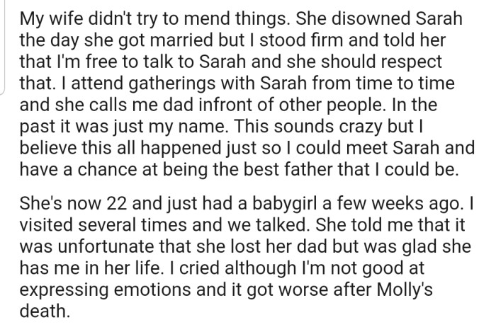 OP's wife ended up disowning Sarah the day she got married. Thankfully, Sarah is doing fine and now has a baby girl