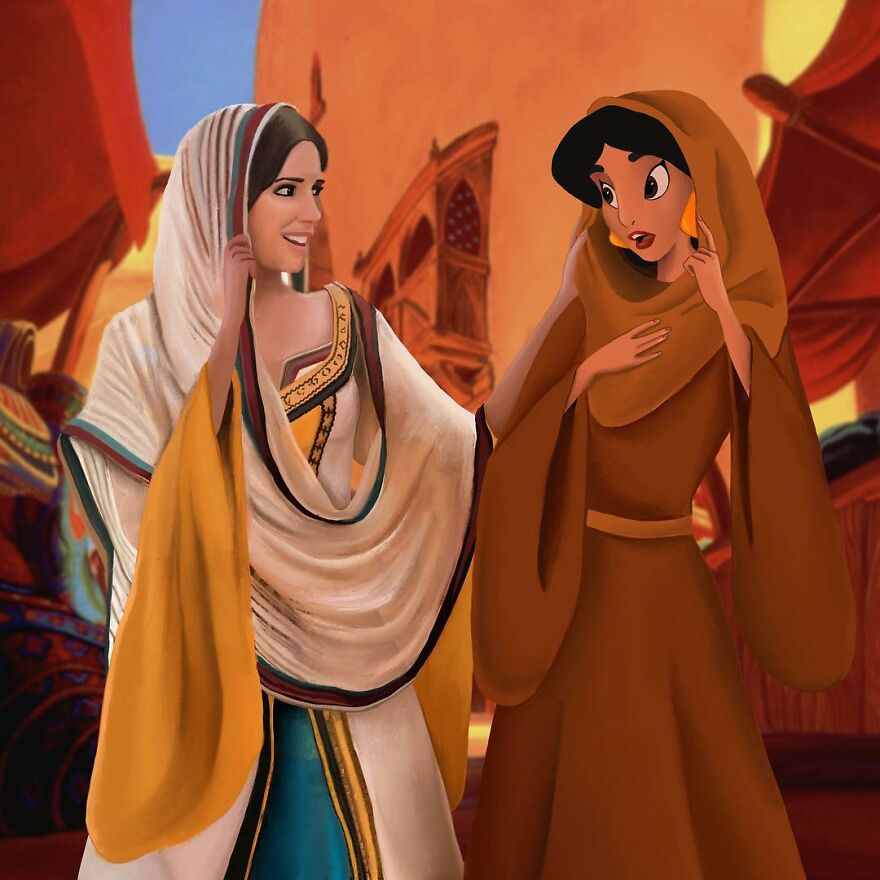 7. Jasmine - Animated Jasmine and Live-Action Jasmine. It's fascinating how they're both taken aback by each other's presence.