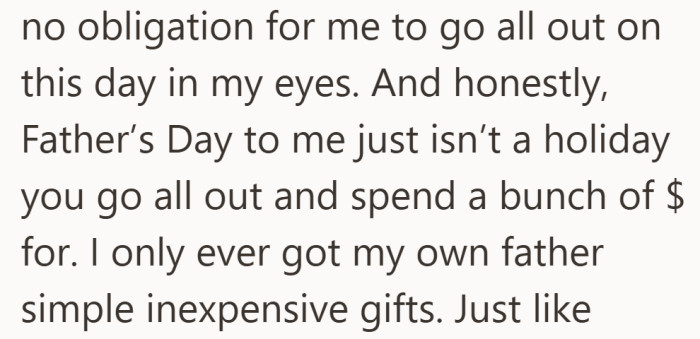 This frames the disagreement as a values gap. Different upbringings, different meanings attached to the same day.