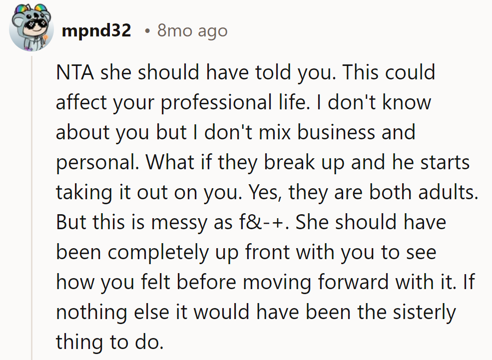 NTA – Mixing business and pleasure? Risky move. Sis should've checked the compass before setting sail on this mess.