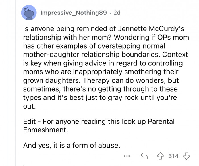 OP's situation reminded this user of Jennette McCurdy's relationship with her mom.