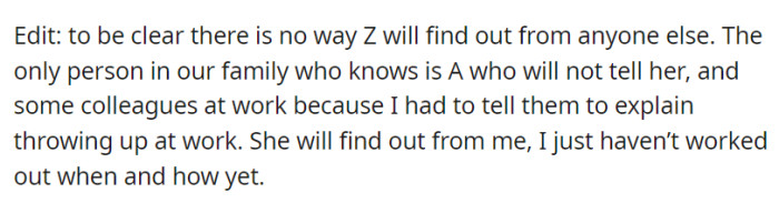 Z will only hear about the pregnancy from the person, who hasn't determined when or how to share the news.