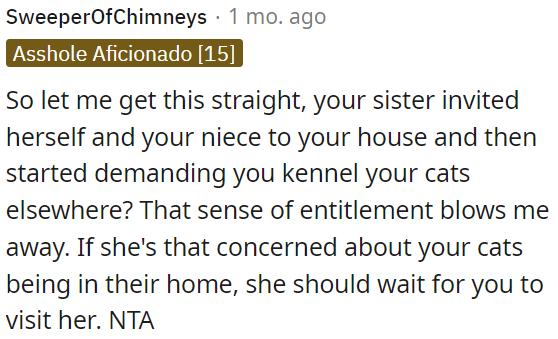 If she's worried about the cats, she should wait for OP to visit her.