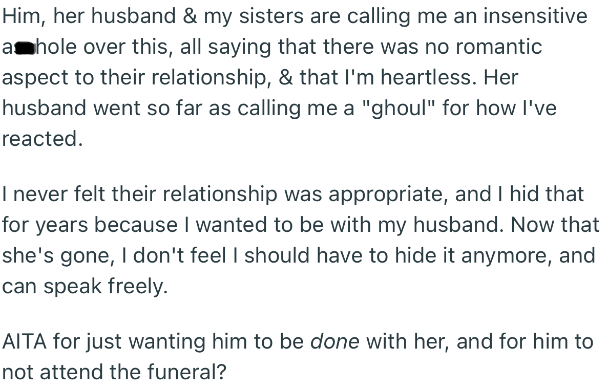 OP’s Husband, the Late Ex’s Own Husband, and OP’s Sisters Unanimously Declared Her an “Insensitive A**hole” for Being Relieved at the Poor Woman’s Death