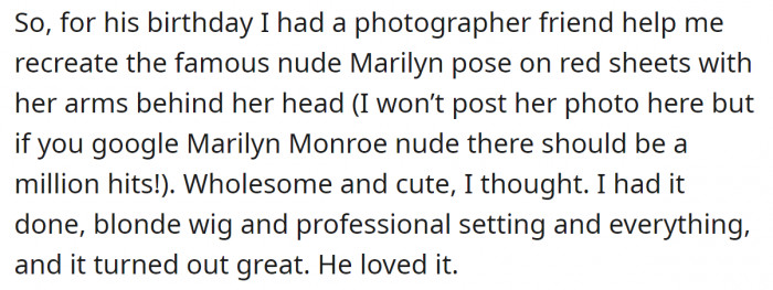 So she recreated a well-known Marilyn Monroe nude photo for her husband.