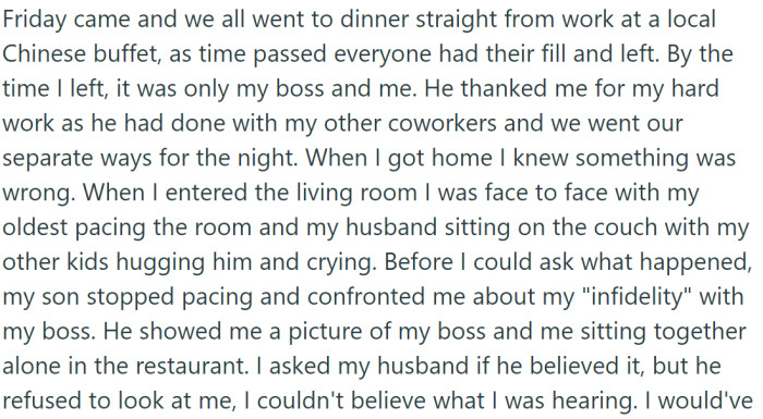 As the evening drew to a close, only OP and her boss remained. He thanked her for her hard work before they both headed home.