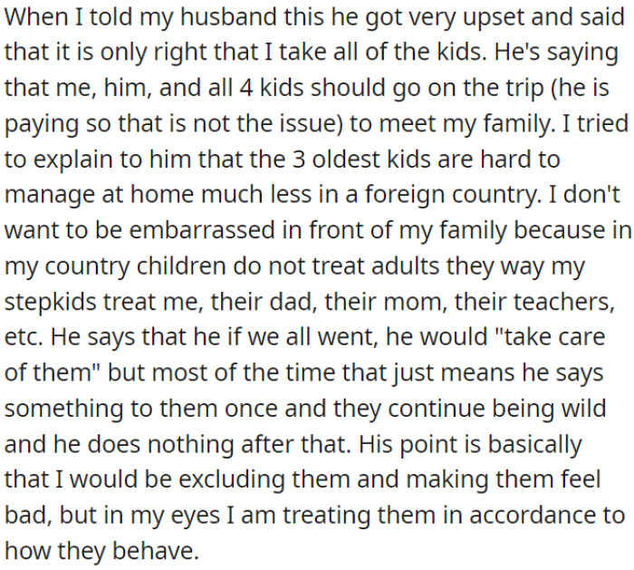 OP's husband wants all of them, including their four kids, to go on the trip to meet OP's family.