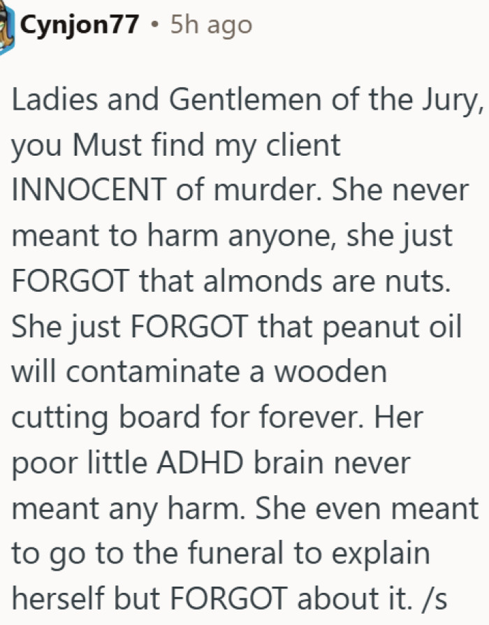 Using ADHD as an excuse for a fatal food allergy mistake is not okay