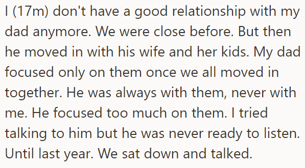 The OP explained his father started neglecting him after marrying and instead prioritized his stepkids