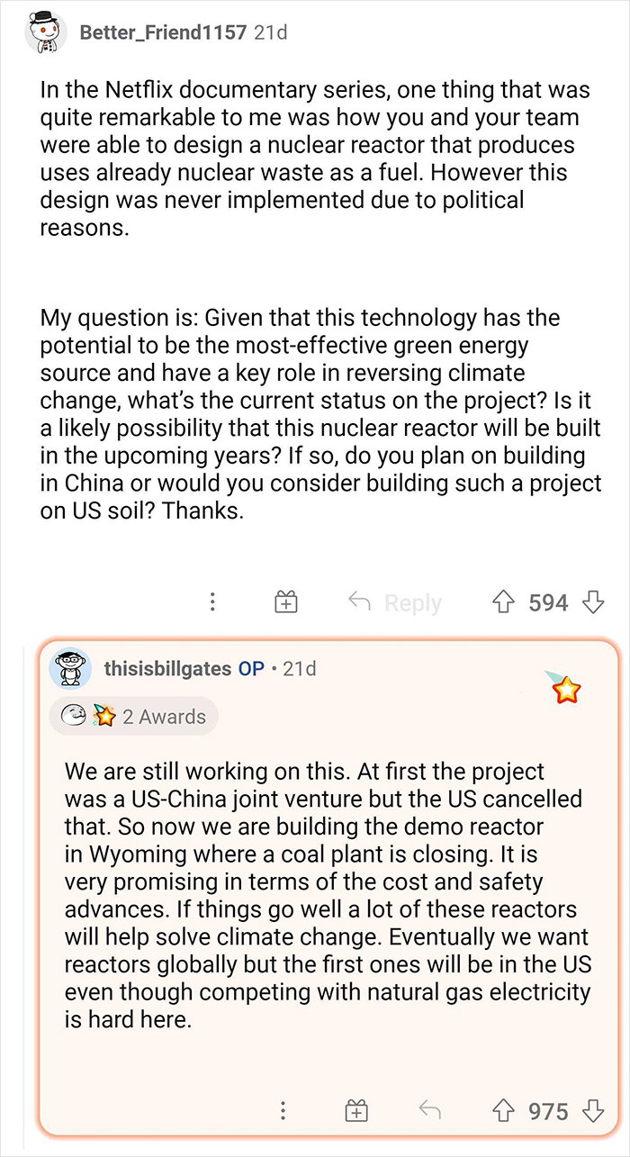 14. Gates' thoughts on the nuclear reactor that uses nuclear waste as fuel
