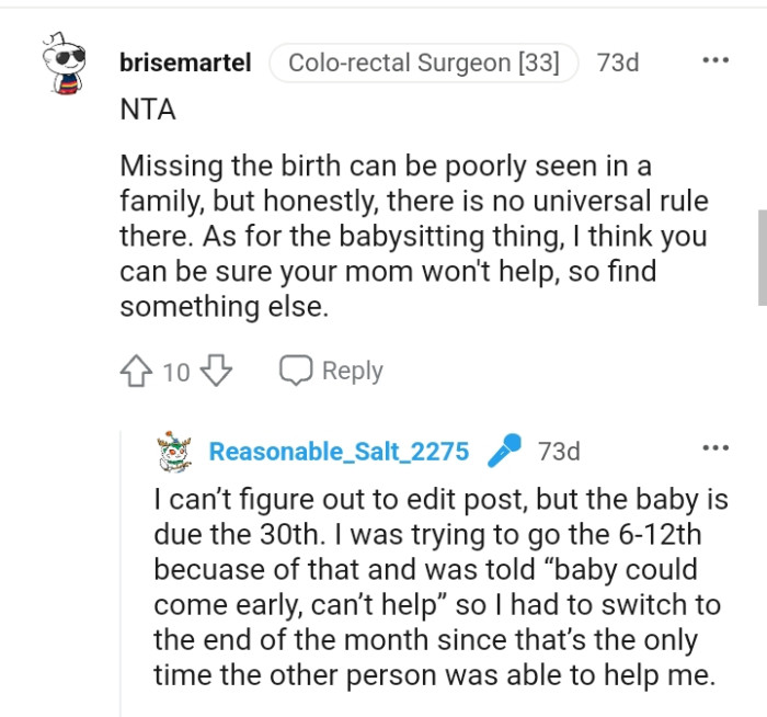 Missing the birth can't be viewed negatively in a family