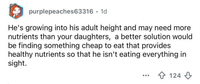 He needs more nutrients than your daughters.