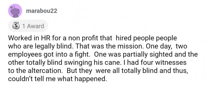 38. HR at non-profit that hired legally blind people had to figure out details about a fight between two employees, with 4 blind witnesses
