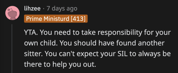 Does OP have no plan if her sister-in-law ever has another reason not to babysit?